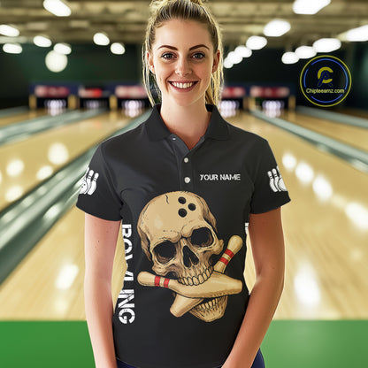 Personalized Skull Bowling Shirts For Women Custom Team's Name Skull Bowler Jerseys | Black NQS11081