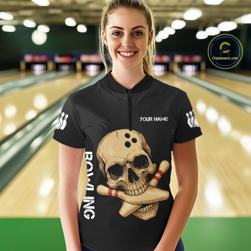 Personalized Skull Bowling Shirts For Women Custom Team's Name Skull Bowler Jerseys | Black NQS11081