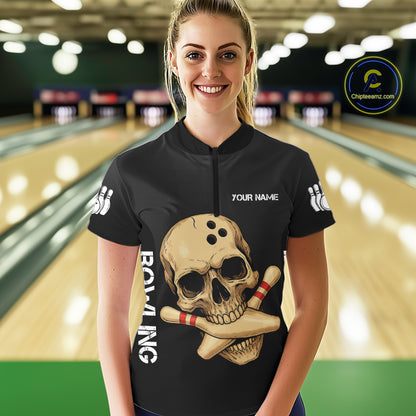 Personalized Skull Bowling Shirts For Women Custom Team's Name Skull Bowler Jerseys | Black NQS11081