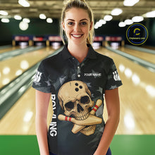Load image into Gallery viewer, Personalized Black American Flag Skull Bowling Shirt For Women Custom Team's Name Skull Bowler Jersey NQS11082