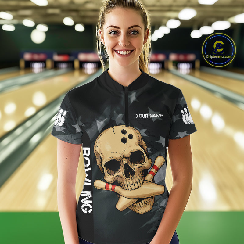 Personalized Black American Flag Skull Bowling Shirt For Women Custom Team's Name Skull Bowler Jersey NQS11082