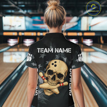 Load image into Gallery viewer, Personalized Black American Flag Skull Bowling Shirt For Women Custom Team's Name Skull Bowler Jersey NQS11082