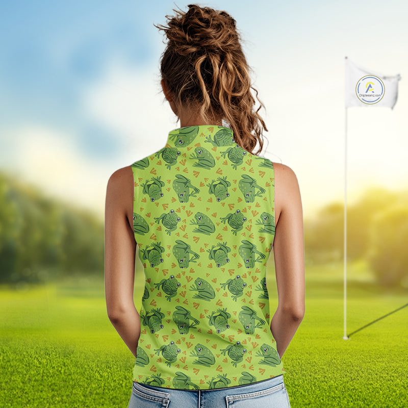 Funny Green Frog pattern Women Sleeveless polo shirt Custom ladies golf top, personalized golf gifts NQS11284