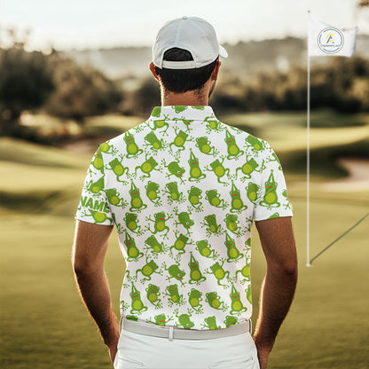 Funny Green Frog pattern Mens Golf polo shirts Custom golf attire for men, gift for golfers NQS11285
