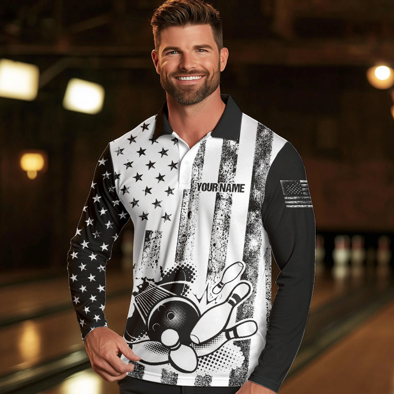 Personalized Black and White American Flag Retro Bowling shirts for Men, Patriotic Bowling Team Jersey NQS9567