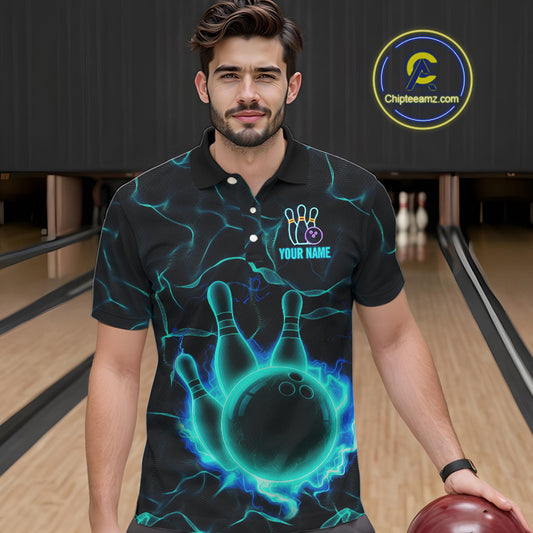 Cyan Blue Flame Bowling Polo, Quarter Zip shirts For Men custom bowling team jerseys Bowler Outfits NQS10153
