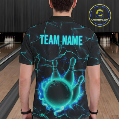Cyan Blue Flame Bowling Polo, Quarter Zip shirts For Men custom bowling team jerseys Bowler Outfits NQS10153
