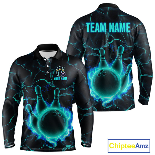 Cyan Blue Flame Bowling Polo, Quarter Zip shirts For Men custom bowling team jerseys Bowler Outfits NQS10153