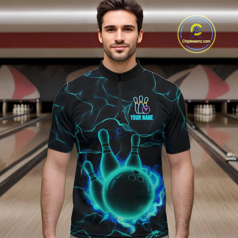Cyan Blue Flame Bowling Polo, Quarter Zip shirts For Men custom bowling team jerseys Bowler Outfits NQS10153