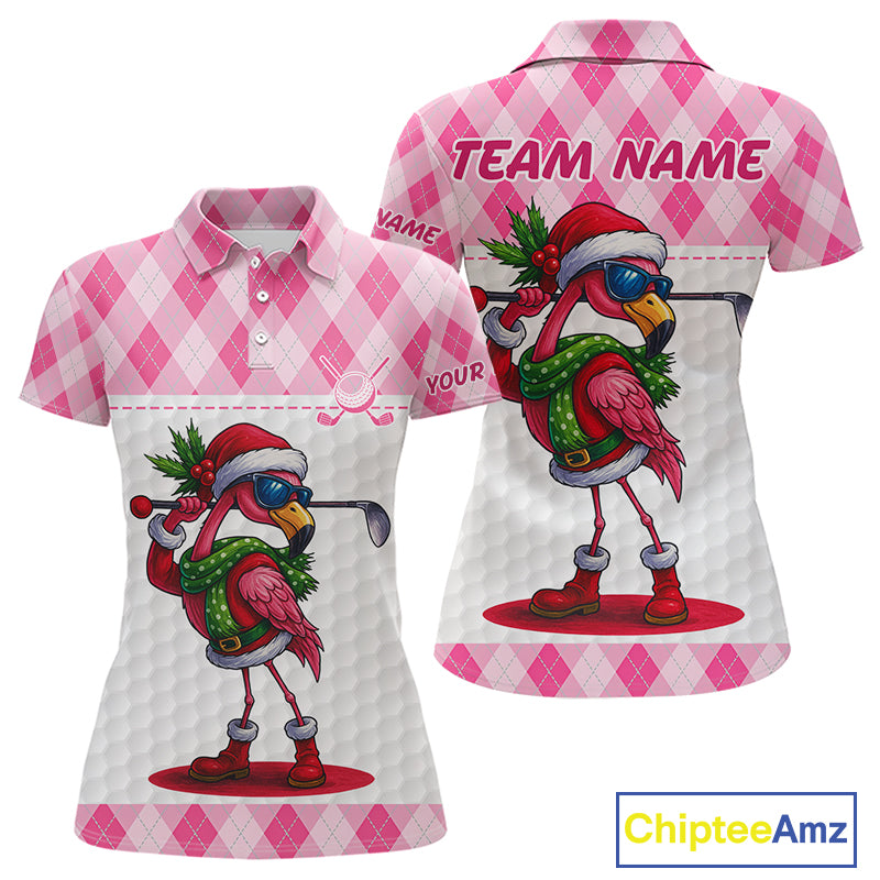Funny Christmas Flamingo Womens golf polo shirt custom pink argyle pattern white golf apparel NQS11087