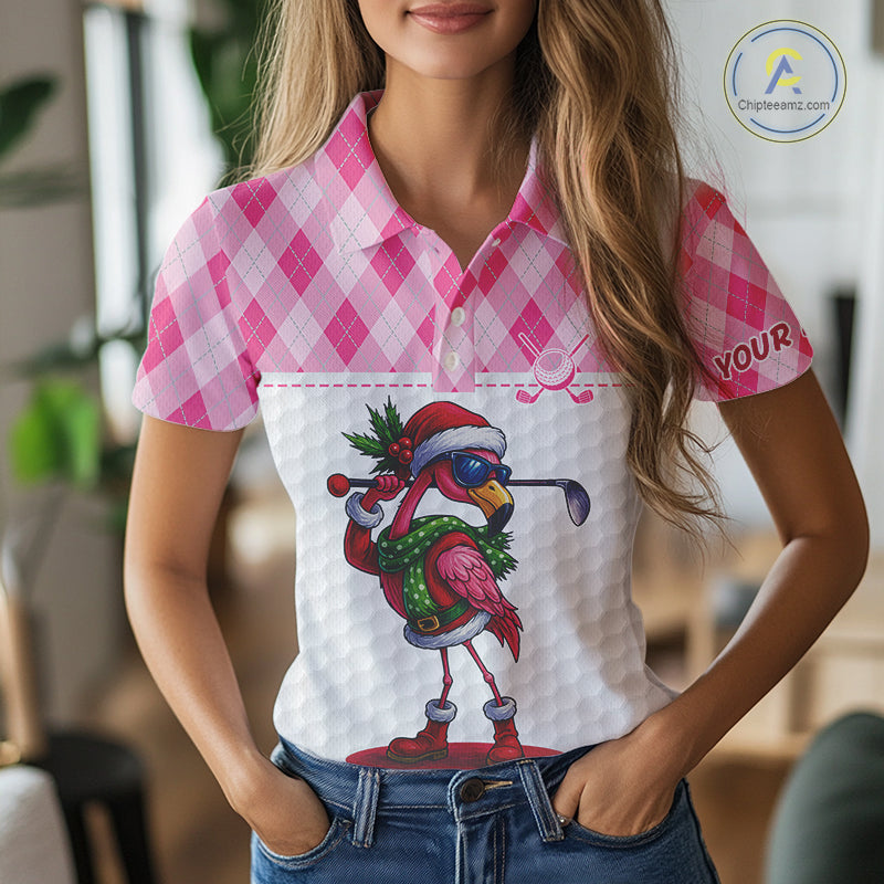 Funny Christmas Flamingo Womens golf polo shirt custom pink argyle pattern white golf apparel NQS11087