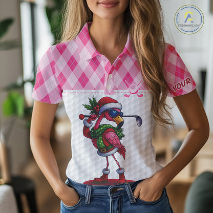 Funny Christmas Flamingo Womens golf polo shirt custom pink argyle pattern white golf apparel NQS11087