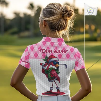 Funny Christmas Flamingo Womens golf polo shirt custom pink argyle pattern white golf apparel NQS11087