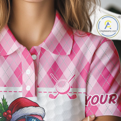 Funny Christmas Flamingo Womens golf polo shirt custom pink argyle pattern white golf apparel NQS11087