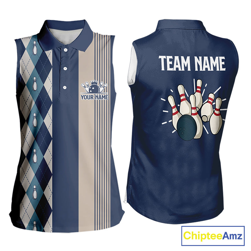 Retro Blue argyle pattern Womens Sleeveless Polo Shirt custom bowling team jersey Ladies Bowler Outfit NQS9411