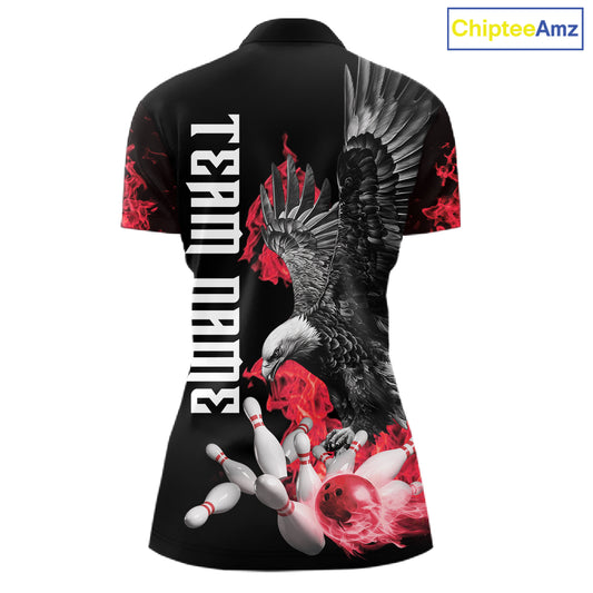 Custom Red Flame Black Eagle Bowling Polo, Quarter Zip Shirt For Women, Team Bowling Clothes NQS11500