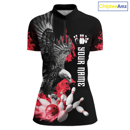 Custom Red Flame Black Eagle Bowling Polo, Quarter Zip Shirt For Women, Team Bowling Clothes NQS11500