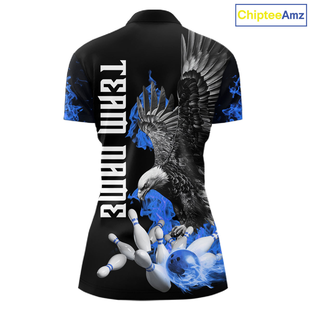 Custom Blue Flame Black Eagle Bowling Polo, Quarter Zip Shirt For Women, Team Bowling Clothes NQS11501
