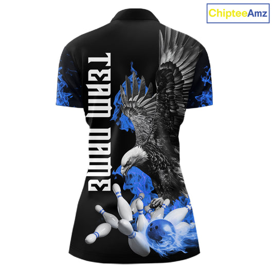 Custom Blue Flame Black Eagle Bowling Polo, Quarter Zip Shirt For Women, Team Bowling Clothes NQS11501