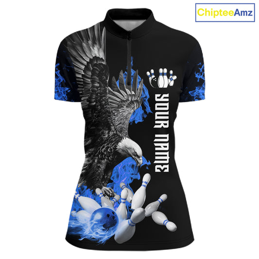 Custom Blue Flame Black Eagle Bowling Polo, Quarter Zip Shirt For Women, Team Bowling Clothes NQS11501