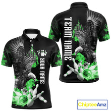 Load image into Gallery viewer, Custom Green Flame Black Eagle Bowling Polo, Quarter Zip Shirt For Men, Team Bowling Clothes NQS11502