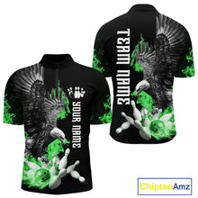 Load image into Gallery viewer, Custom Green Flame Black Eagle Bowling Polo, Quarter Zip Shirt For Men, Team Bowling Clothes NQS11502