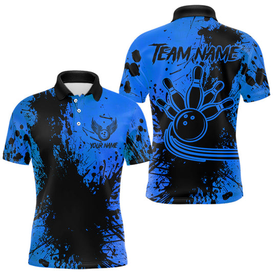 Black and Blue Mens Bowling Polo, Quarter Zip Shirts Custom Bowling Team League Jerseys NQS9571