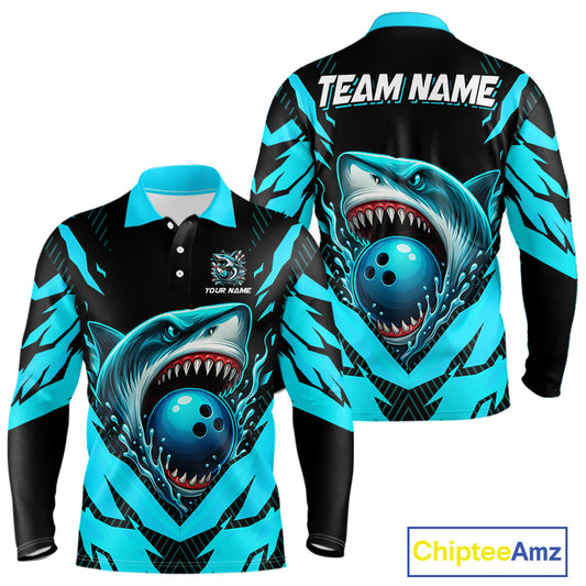 Black and Blue Mens bowling shirts Custom Blue Shark bowling team  jerseys, gifts for bowlers NQS9991