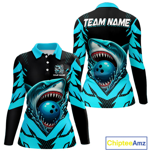 Black and Blue Women bowling shirts Custom Blue Shark bowling team  jerseys, gifts for bowlers NQS9991