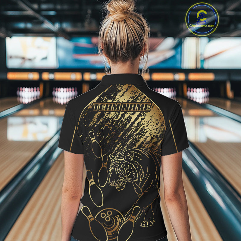 Personalized Black & Gold Tiger Bowling Polo, Quarter Zip Shirts For Women Custom Bowling Team Jersey NQS10281
