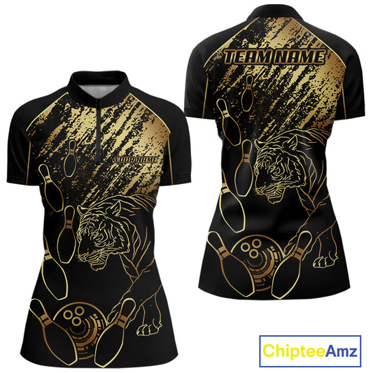 Personalized Black & Gold Tiger Bowling Polo, Quarter Zip Shirts For Women Custom Bowling Team Jersey NQS10281