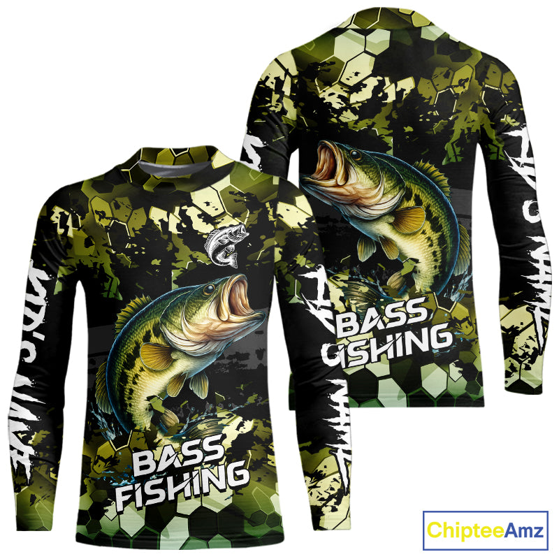 Green Camo Largemouth Bass fishing sun shirts custom name fishing shirts long sleeve uv protection NQS10284