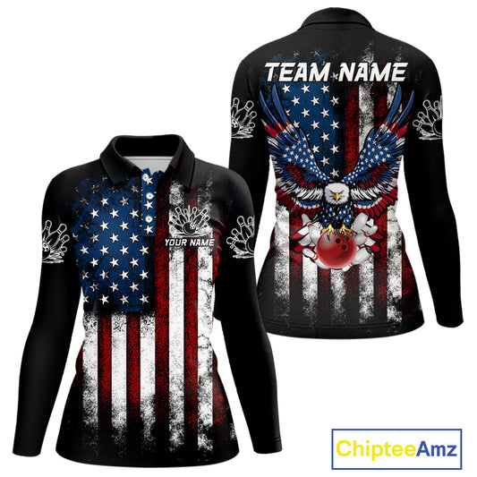 Vintage American Flag Eagle Black Bowling Shirts for Women Custom Patriotic Team Bowling Jerseys NQS10501
