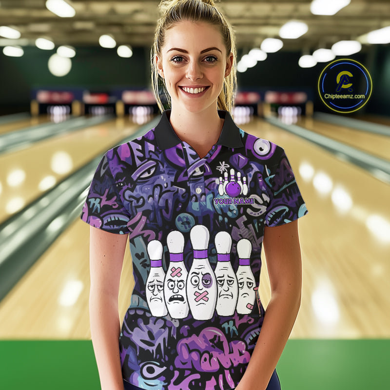 Custom Purple graffiti pattern Funny Bowling Polo, Quarter Zip Shirts For Women, Team Bowling Jersey NQS11099