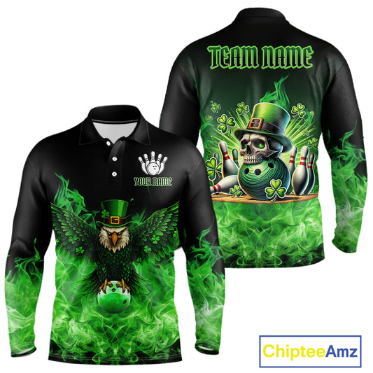 Green Flame Smoke St Patrick's Day Eagle Skull Men's Bowling Shirts Custom Lucky Bowling Team Jersey NQS11286