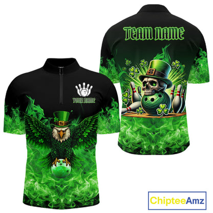 Green Flame Smoke St Patrick's Day Eagle Skull Men's Bowling Shirts Custom Lucky Bowling Team Jersey NQS11286