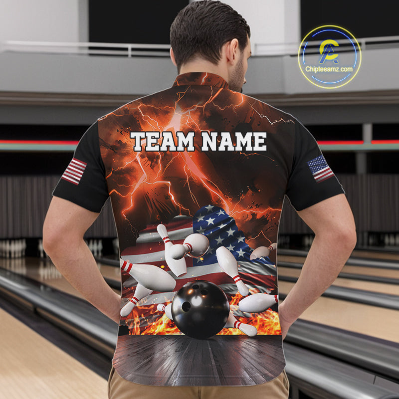 Orange Lightning thunder storm American Flag Bowling Shirt For Men Custom Bowling Team League Jerseys NQS10291