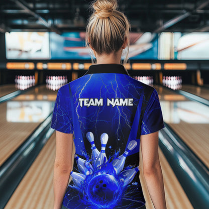 Blue Flame Lightning Thunder Bowling Polo, Quarter Zip Shirt For Women Custom Bowling Team Jersey NQS9425