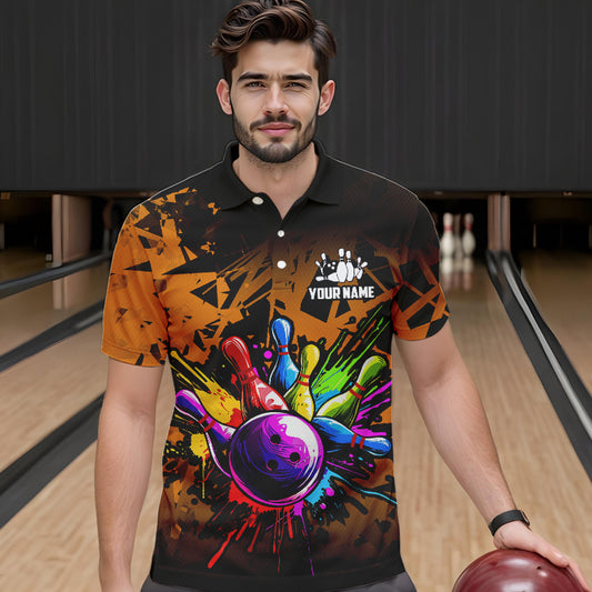 Colorful bowling jerseys Polo, 1/4 Zip Shirt for Men Custom Bowling Team shirts for bowler | Orange NQS9730