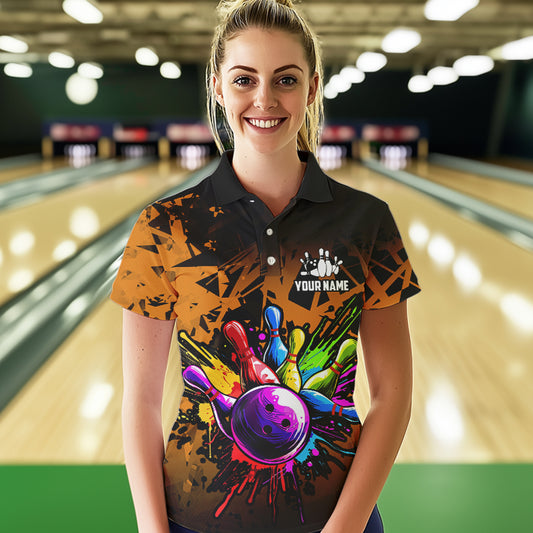 Colorful bowling jersey Polo, 1/4 Zip Shirt for Women Custom Bowling Team shirts for bowler| Orange NQS9730