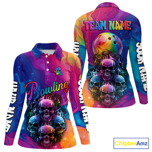 Colorful Rainbow Flame Skull Bowling Polo, Quarter Zip Shirts for Women Custom Bowling Team Jerseys NQS9731
