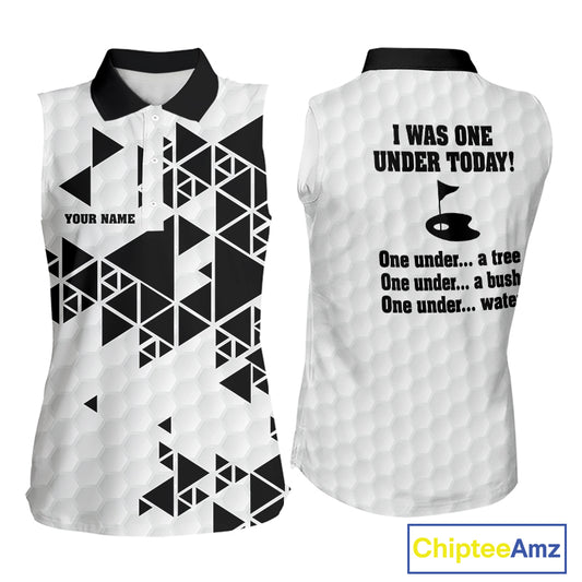 Women sleeveless polo shirt black and white custom I was one under today, under a tree, bush, water NQS10164