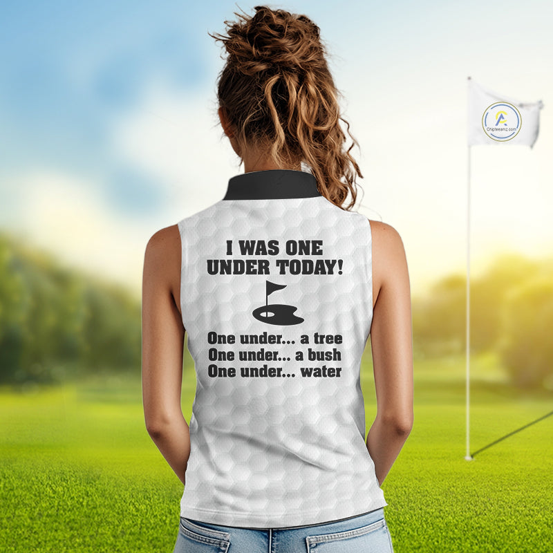 Women sleeveless polo shirt black and white custom I was one under today, under a tree, bush, water NQS10164