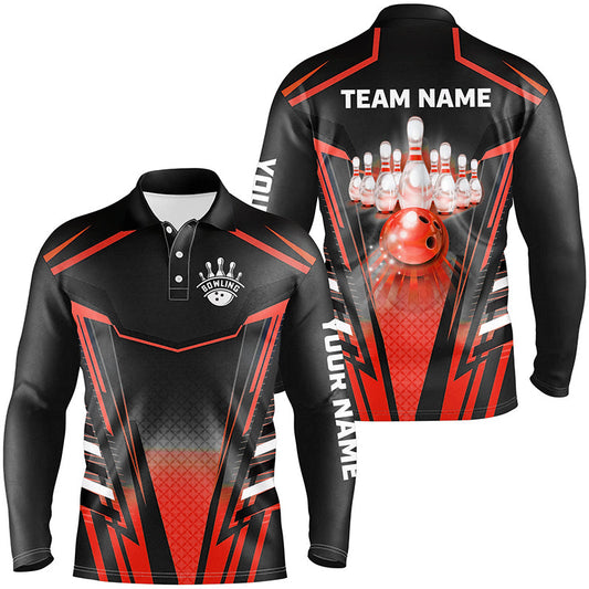 Men bowling Polo, Quarter Zip shirts Custom black & red Bowling ball pins Team Jerseys bowling apparel NQS8521