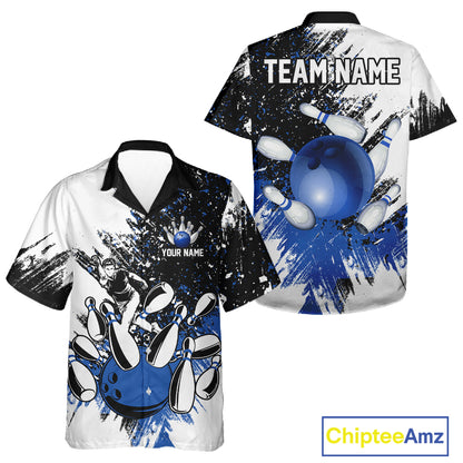 Black & White Women Bowling Hawaiian Shirt Custom bowling button up shirt, bowling outfit | Blue NQS11305