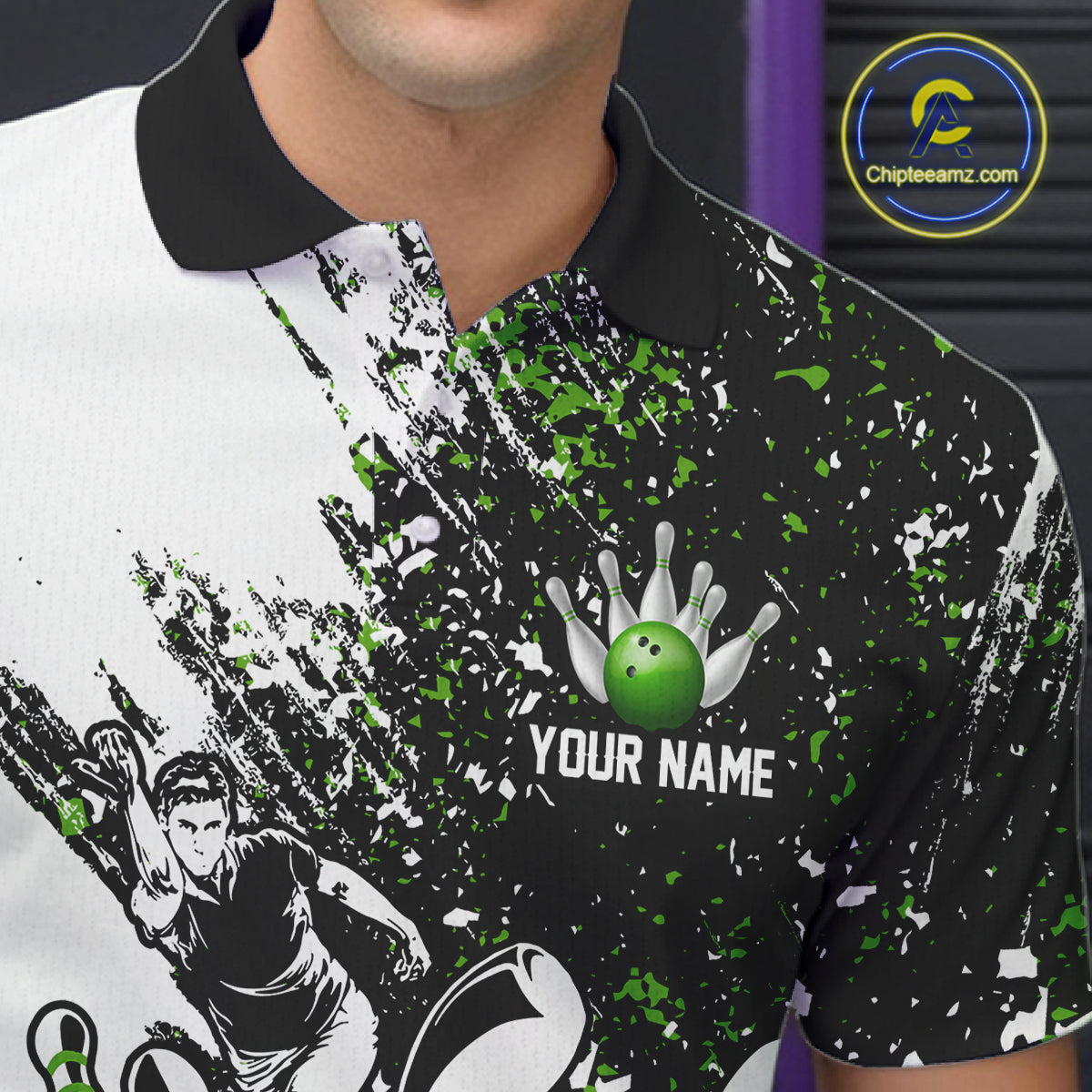 Black & White Men Bowling Polo, Quarter Zip Shirt Custom bowling jersey, mens bowling outfit | Green NQS11306