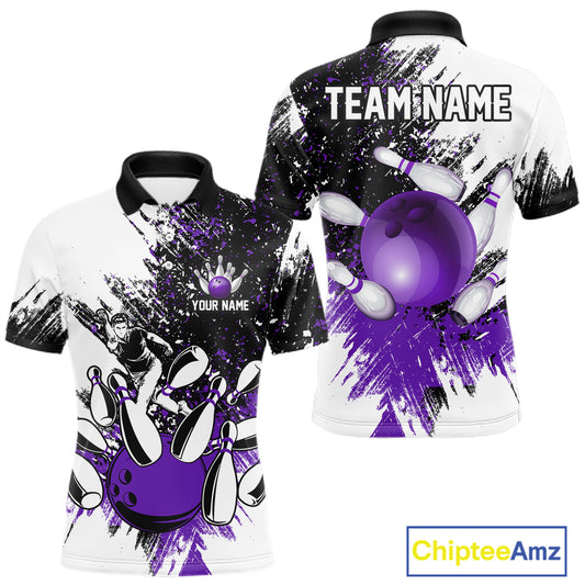 Black & White Men Bowling Polo, Quarter Zip Shirt Custom bowling jersey, mens bowling outfit | Purple NQS11307
