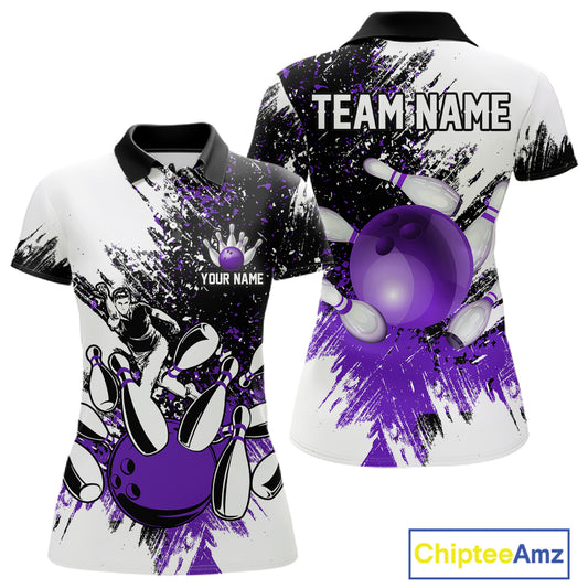 Black & White Women Bowling Polo, 1/4 Zip Shirts Custom bowling jersey, girls bowling outfit | Purple NQS11307