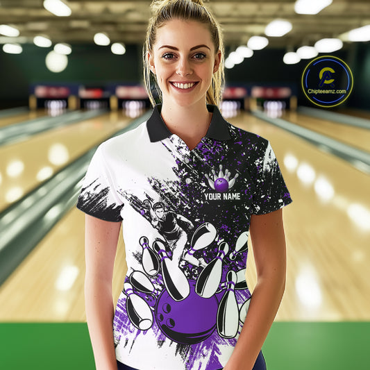 Black & White Women Bowling Polo, 1/4 Zip Shirts Custom bowling jersey, girls bowling outfit | Purple NQS11307