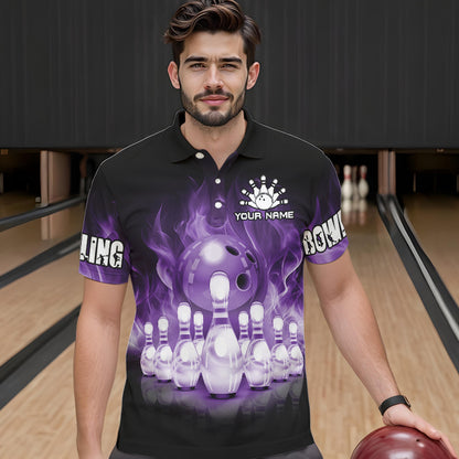 Black And Purple Flame Bowling ball pins Custom Bowling Shirts For Men, Bowling Team Shirt NQS9741